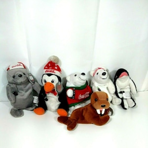 Lot of 6 Coca-Cola Collectible Plush Toys Bear Seal Penguin Whale Walrus