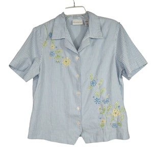Alfred Dunner Blue White Stripe Seersucker Button Up Top Shirt Women Size 12