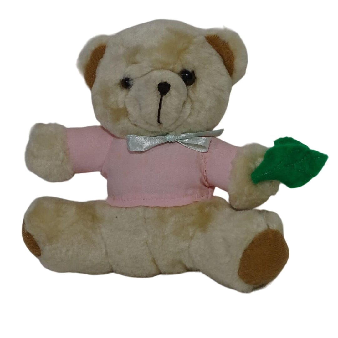 Vintage Plush Tan Brown Teddy Bear With Pink Shirt Green Leaf 7 Inch - Etsy