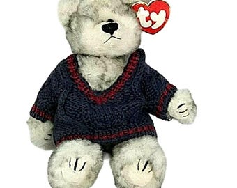Ty Attic Treasures Fairbanks Teddy Bear Gray Sweater 8" Moveable Arms Legs 1993