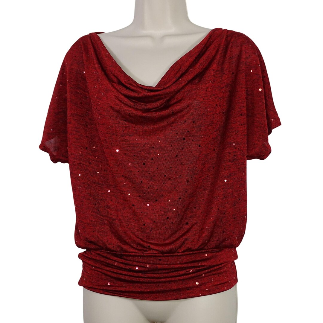 Heart Soul Y2K Red Sequin Cowl Neck Draped Top Women Size M Short Slv ...
