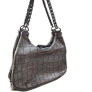 Donald J Pliner Gray Croc Texture Chain Strap Zipper Closure Faux Leather Party