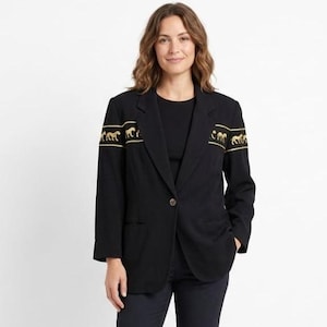 Chaqueta blazer negra vintage de Stephanie Queller para mujer, talla 10, rayón bordado de lana