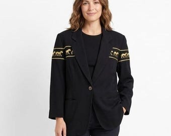 Chaqueta blazer negra vintage de Stephanie Queller para mujer, talla 10, rayón bordado de lana