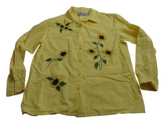 VTG BFA Classics Gelb Gingham Sonnenblume Stickerei Button Up Shirt Größe M FLAW