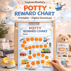 May include: A potty reward chart with a blue background and orange dots. The chart includes illustrations of a helicopter, car, bus, and truck. Text on the chart reads "POTTY REWARD CHART" and "Printable • Digital Download."