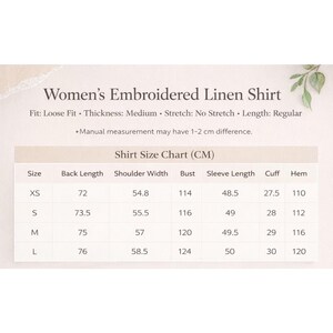 Puede incluir: Imagen de una camisa de lino bordada para mujer con una tabla de tallas en cent&iacute;metros. La tabla incluye medidas de largo de espalda, ancho de hombros, busto, largo de manga, pu&ntilde;o y dobladillo para tallas XS a L.