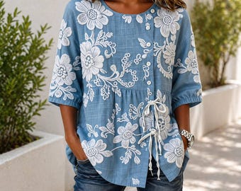 Chemisier ample brodé pour femme, haut à fleurs, polyester, chemise décontractée d'été, élégant au quotidien