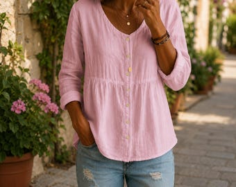 Blusa de algodón para mujer con botones, camisa informal holgada de manga larga, túnica de verano para uso diario.