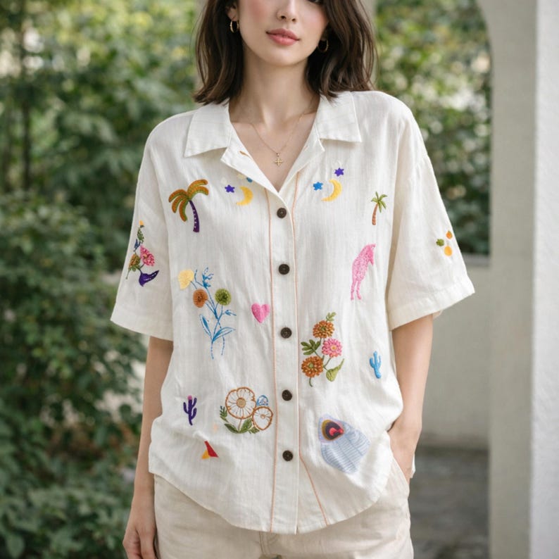 Puede incluir: Camisa abotonada de color crema con mangas cortas, adornada con dise&ntilde;os bordados coloridos de palmeras, flores, cactus y un animal rosa. La camisa tiene un corte holgado y botones marrones.