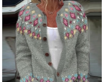 Cardigan en tricot floral fait main pour femme - Veste pull confortable en acrylique doux