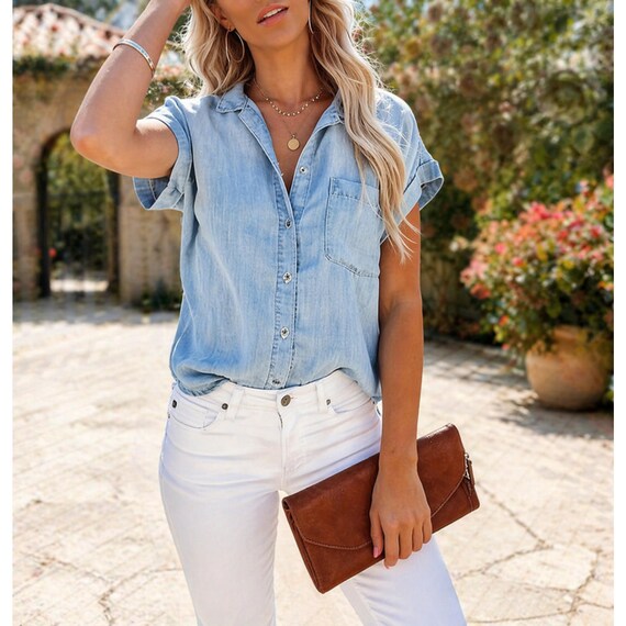 Women’s Summer Cotton Shirt, Lightweight Denim Style Button Down, Relaxed Fit Casual Top