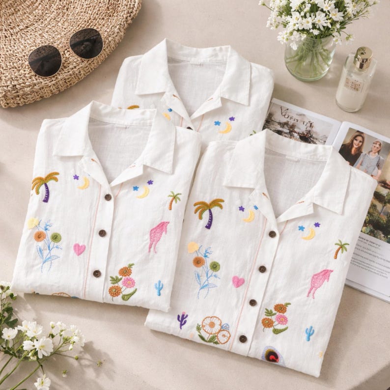 Puede incluir: Camisas blancas con botones con dise&ntilde;os bordados coloridos. Las camisas presentan palmeras, lunas, estrellas, flores y corazones. Las camisas son parte de un conjunto de ropa de dormir y se exhiben con un sombrero de paja, gafas de sol y una revista.