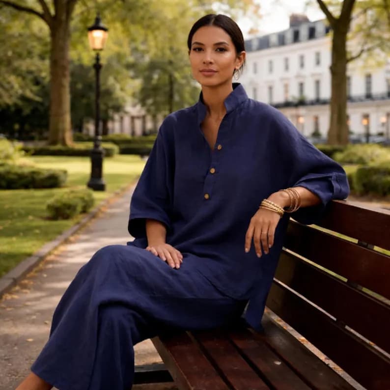 May include: A navy blue linen outfit, consisting of a long-sleeve tunic with three buttons and wide-leg pants. The model is wearing gold bracelets. The outfit is suitable for casual or semi-formal occasions.