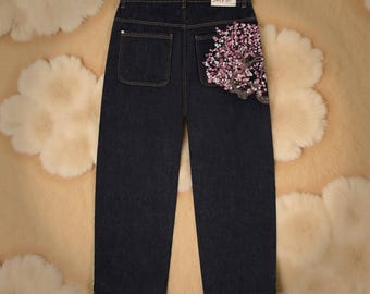 Embroidered Denim Jeans - Unisex Black Jeans with Floral Embroidery - Stylish Everyday Streetwear