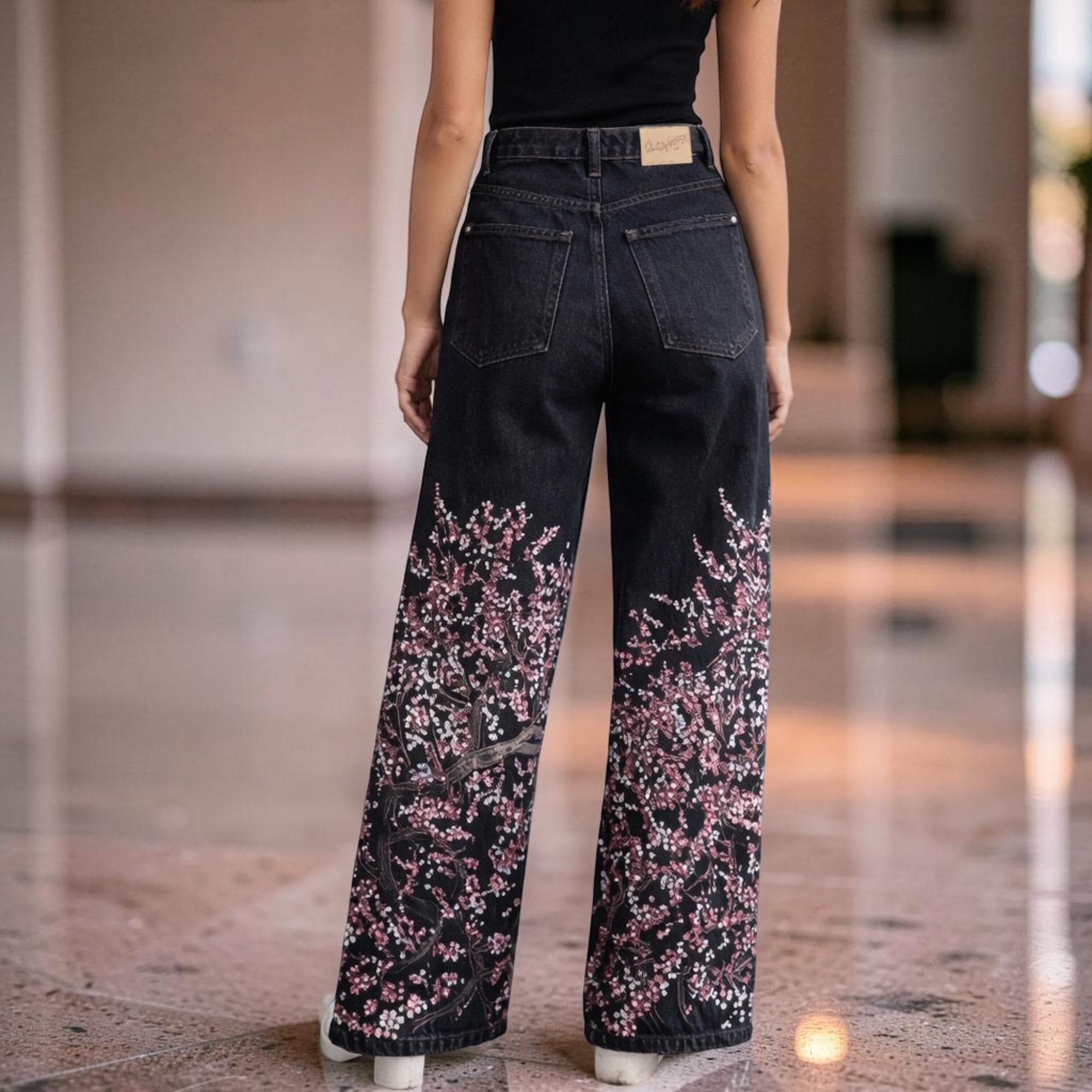 Floral Embroidered Black Jeans - Wide Leg High Waist Denim Pants