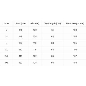 May include: A white size chart with measurements in centimeters for bust, hip, top length, and pants length. Sizes range from S to 3XL, with corresponding measurements. The chart is designed for clothing.