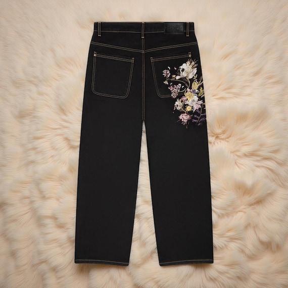 Unisex Handmade Embroidered Jeans - Black Denim Pants – Floral Design – Trendy Streetwear
