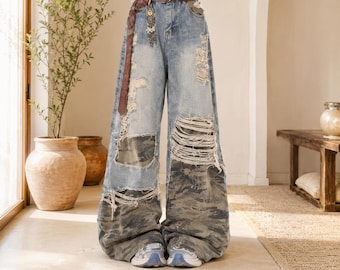 Hohe Taille Jeans mit weitem Bein - Handgefertigte Patchwork Denim Hose - Retro Streetwear Baggyhose