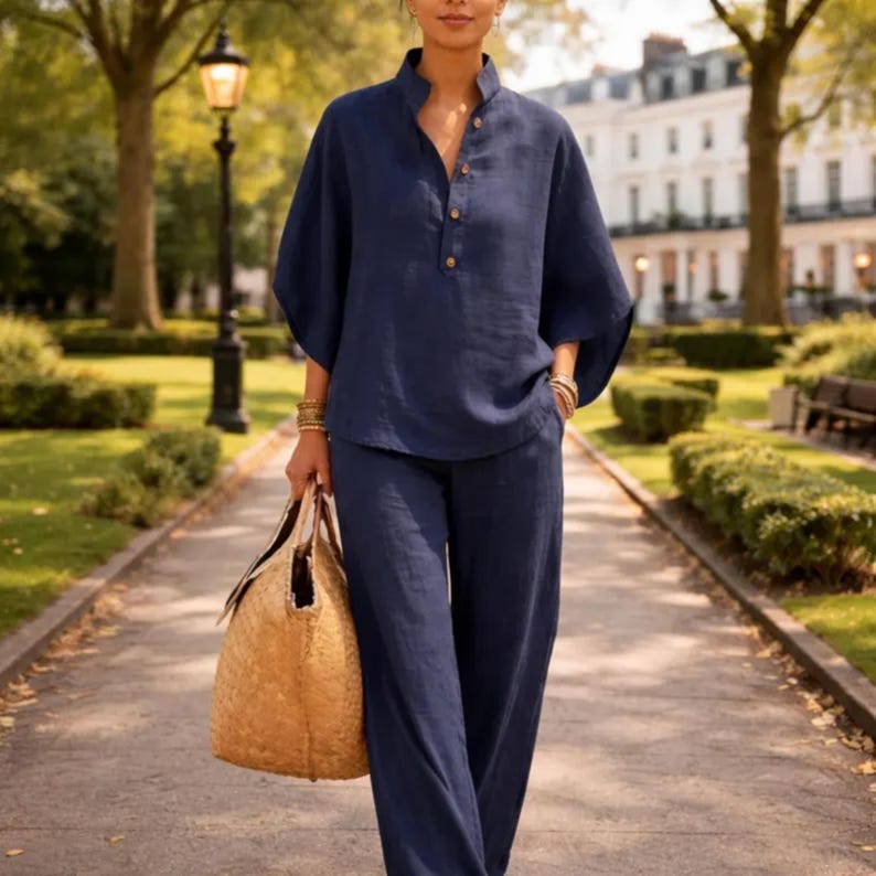 May include: A navy blue linen two-piece outfit, consisting of a top with a mandarin collar and wide-leg pants. The top has a button-down front and short sleeves. A woven straw tote bag is carried. The outfit is worn outdoors on a paved walkway.