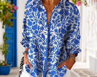Blusa estampada colorida para mujer, camisa estilo boho, top ligero con cuello en V, blusas casuales y elegantes.