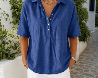 Linen Casual Loose Fit Shirt Women Summer Breathable Button Down Blouse Top