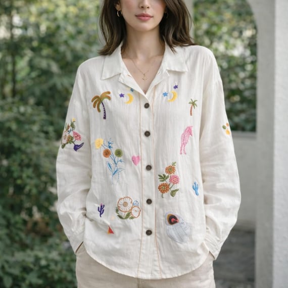 White Linen Embroidered Shirt Women | Handmade Button Down Blouse | Relaxed Fit Top