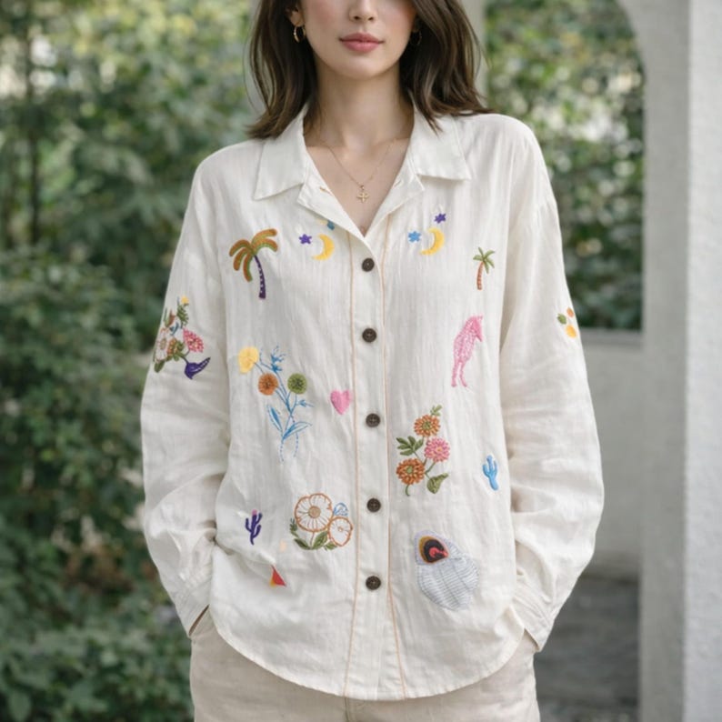 Puede incluir: Camisa abotonada de color crema con dise&ntilde;os bordados coloridos. La camisa presenta varios motivos bordados, incluyendo palmeras, flores, lunas, estrellas y un unicornio rosa. La camisa de manga larga est&aacute; hecha de tela ligera.