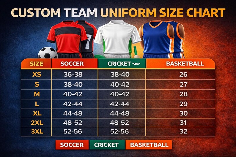 Uniform Chart Example Custom Sports Team Uniforms – Football Cricket Basketball Kits – Bulk ...