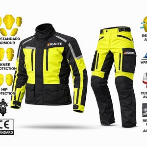 Könnte beinhalten: Ein Motorradjacken- und Hosen-Set in Schwarz und Neongelb mit Ignite-Logo, CE-geprüfter Schutzausrüstung, Knie- und Hüftprotektoren, wasserdichter Konstruktion, reflektierenden Einsätzen und Belüftungsöffnungen sowie verfügbaren Optionen für Maßanfertigungen.