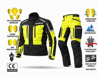 Traje de moto Ignite Adventure para turismo: conjunto de chaqueta y pantalón de alta visibilidad.