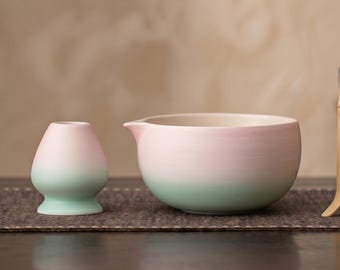 Minimalist Gradient Pink Green Matcha Set, Spouted Chawan with Bamboo Whisk, Japanese Tea Ceremony Kit, Mother's Day Gift, Spring Gifting