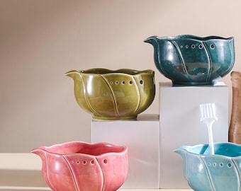 Ceramic Mortar and Pestle Set, Floral Garlic Crusher, Herb Grinder, Spice Grinding Bowl with Wooden Pestle & Brush, Mother's Day Gift