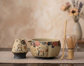 Kawaii Cat & Sakura Matcha Tea Set, Spouted Katakuchi Bowl with Bamboo Whisk, Japanese Rustic Pottery, Cute Cat Mom Gift, Mother's Day