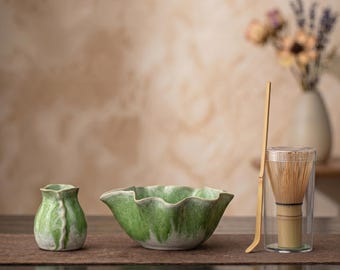 Flower Petal Matcha Tea Set, Spouted Crystalline Glaze Chawan with Bamboo Whisk, Japanese Tea Ceremony Kit, Mother's Day Wedding Gift
