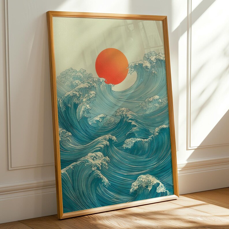 Japanese Wave and Rising Sun Art Print | Japandi Coastal Home Decor ...