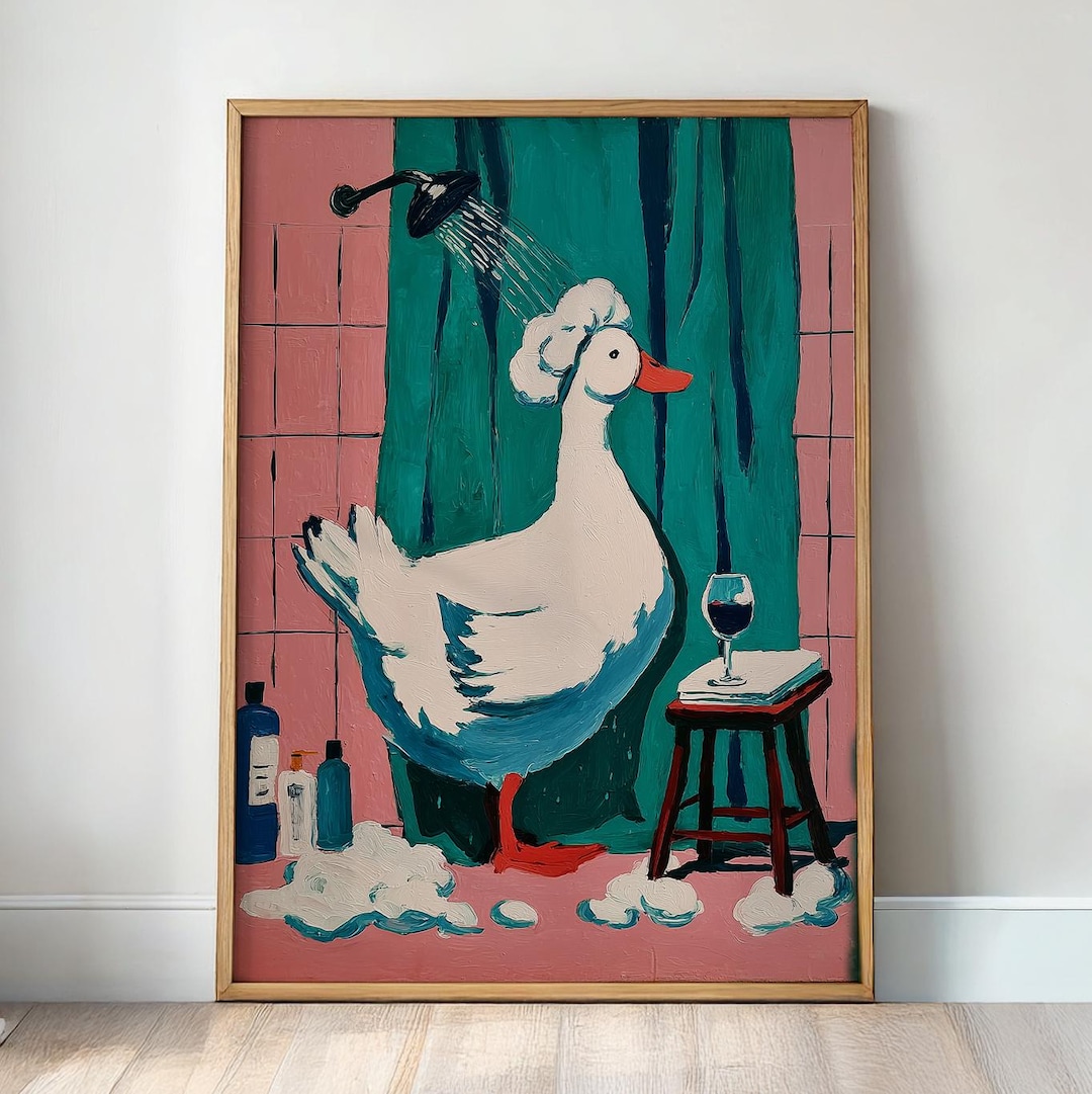 Funny Duck Bathroom Wall Art, Cute Shower Poster, Pink and Teal ...