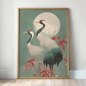 Japandi Crane Print, Abstract Minimalist Green Floral Wall Art (Digital Download)