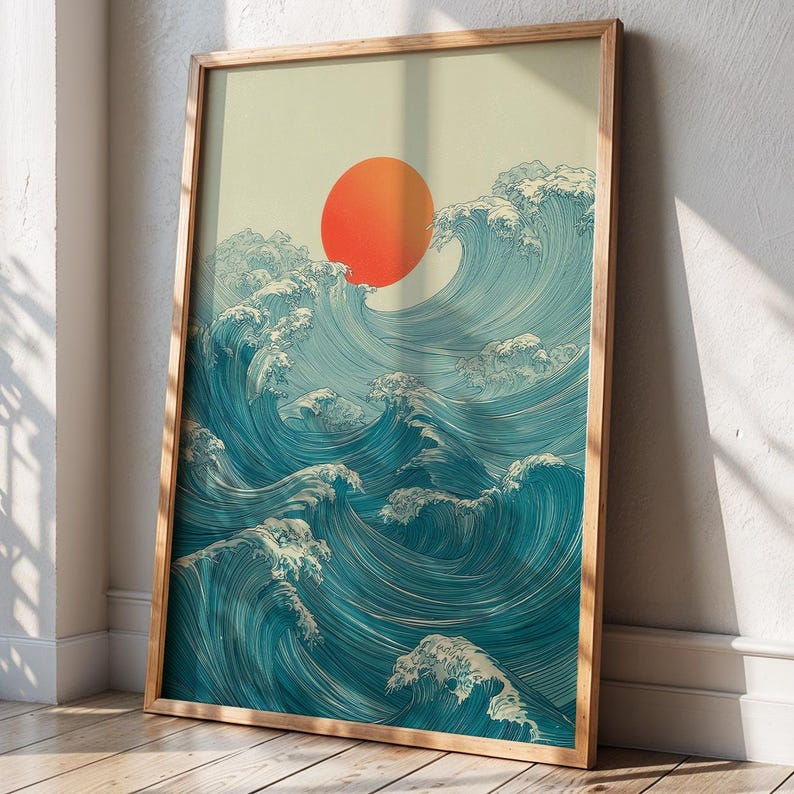 Japanese Wave and Rising Sun Art Print | Japandi Coastal Home Decor ...
