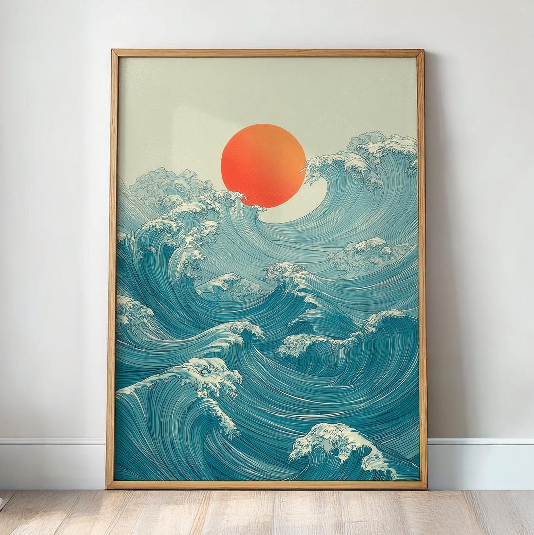 Japanese Wave and Rising Sun Art Print | Japandi Coastal Home Decor ...