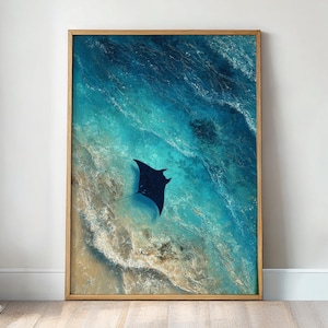 Manta Ray Gliding in Shallow Beach Water Art Print, Sandy Shore Aerial View Vintage Oil Painting Style, Coastal Decor