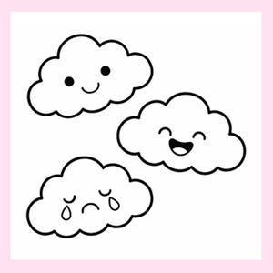 May include: Three cartoon cloud illustrations in black and white. One cloud is smiling, one is laughing, and one is crying. The words "INSTANT DOWNLOAD" are at the bottom. A pink flower-shaped logo says "PNG SVG PIXIE SVG".