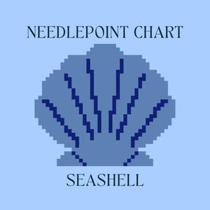 May include: A blue needlepoint chart with a pixelated seashell design. The text "NEEDLEPOINT CHART" is at the top, and "SEASHELL" is at the bottom, all on a light blue background.
