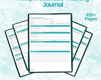 May include: A Multiple Sclerosis Tracking Journal digital PDF with 450+ pages. The pages feature teal headers and lines for tracking symptoms, appointments, and medication updates. The text includes Neuro Appointment Prep and Intentful Path.