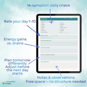 May include: A digital tablet displaying a daily wrap-up tracker template. The form includes a 14-symptom checklist, an overall day rating scale from 1 to 10, sections for energy gains and drains, a plan for tomorrow, and a notes and observations area.