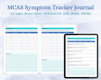 Könnte beinhalten: Ein MCAS-Symptom-Tagebuch mit über 450 Seiten, das eine Liste für Arztkontakte, eine Medikamentenliste sowie tägliche, wöchentliche und monatliche Tracking-Abschnitte enthält. Das Layout bietet blaue Kopfzeilen und linierte Eingabefelder.