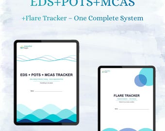 Könnte beinhalten: Zwei digitale Tablets mit Gesundheits-Tracking-Dokumenten. Das linke Tablet zeigt einen EDS + POTS + MCAS TRACKER mit blauen Wellengrafiken. Das rechte Tablet zeigt einen FLARE TRACKER mit blauen Kreisen. Text enthält das Branding Intentful Path.