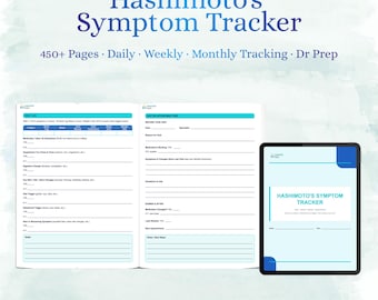 Könnte beinhalten: Ein Hashimoto-Symptom-Tracker mit über 450 Seiten für tägliche, wöchentliche und monatliche Aufzeichnungen sowie Arztvorbereitung. Der offene Planer zeigt detaillierte Symptomprotokolle und Vorbereitungsabschnitte neben einem Tablet.