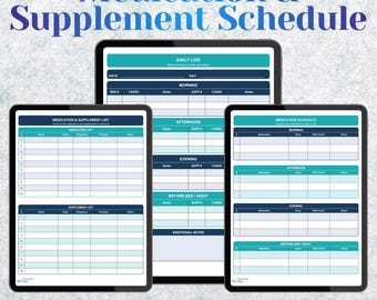 Könnte beinhalten: Drei digitale Tablets, die einen Medikamenten- und Ergänzungsplan anzeigen. Die Tablets haben ein weißes und blaugrünes Farbschema mit dem Text "Medication & Supplement Schedule" und "The only system you need for both."