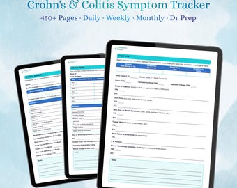 Könnte beinhalten: Ein digitaler Crohn- und Colitis-Symptom-Tracker auf drei Tablet-Bildschirmen. Die Seiten enthalten Abschnitte für tägliche Protokolle, wöchentliche Trends und monatliche Zusammenfassungen, einschließlich Feldern für Wohlbefinden, Schmerzen und Medikamente.